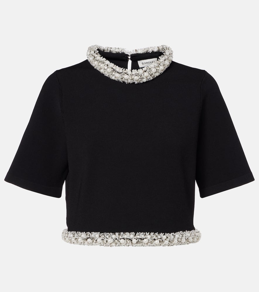 Simkhai Ozelle Embellished Knitted Crop Top In Black