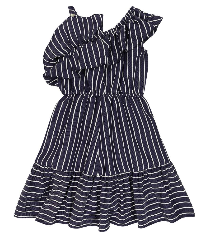 Monnalisa One-shoulder Striped Dress In Blu + Bianco