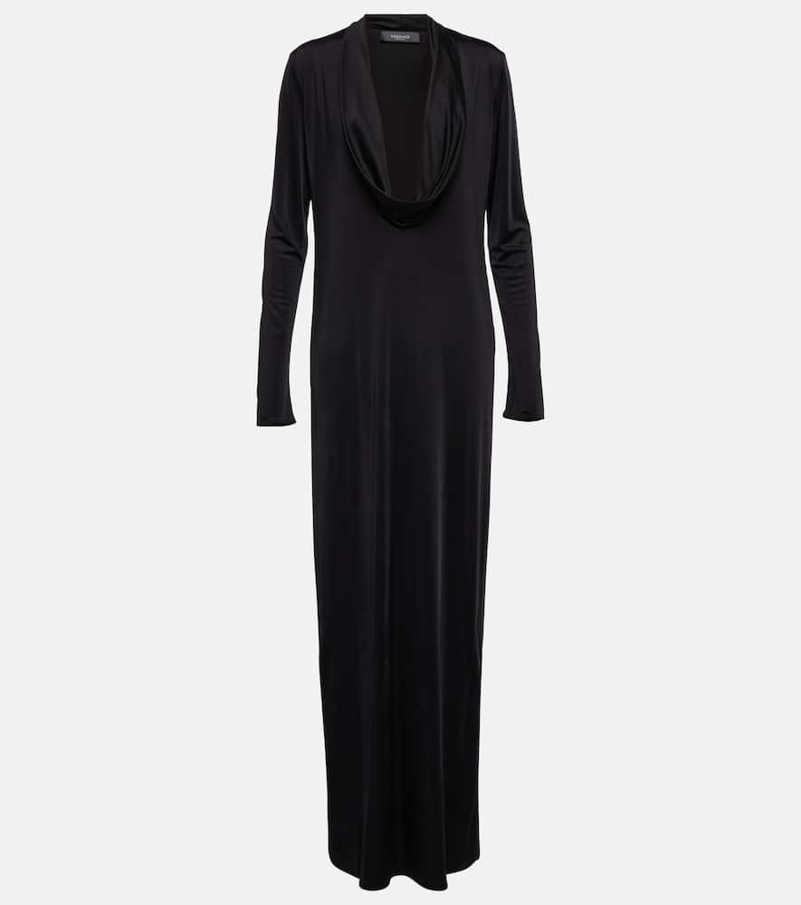 Versace Draped Turtleneck Long-sleeve Cady Gown In Black