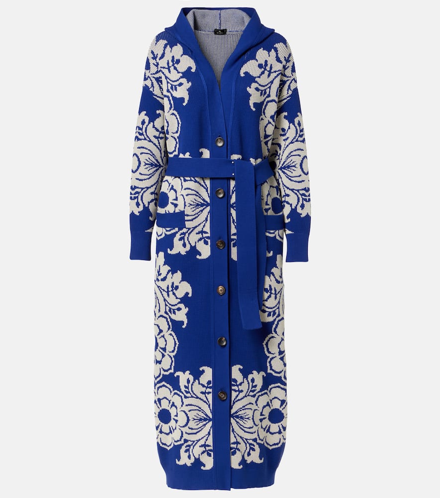 Floral waffle-knit hooded cardigan
