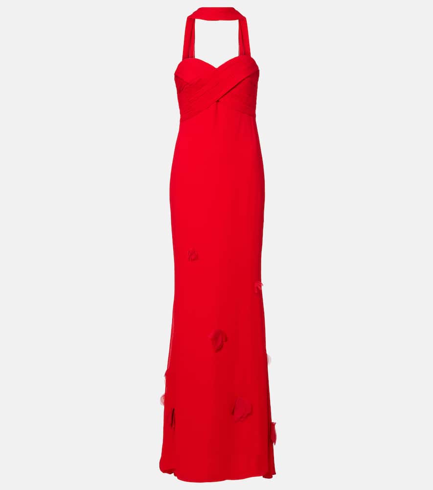 Self-portrait Floral-appliqué Scarf-detail Gown In Red