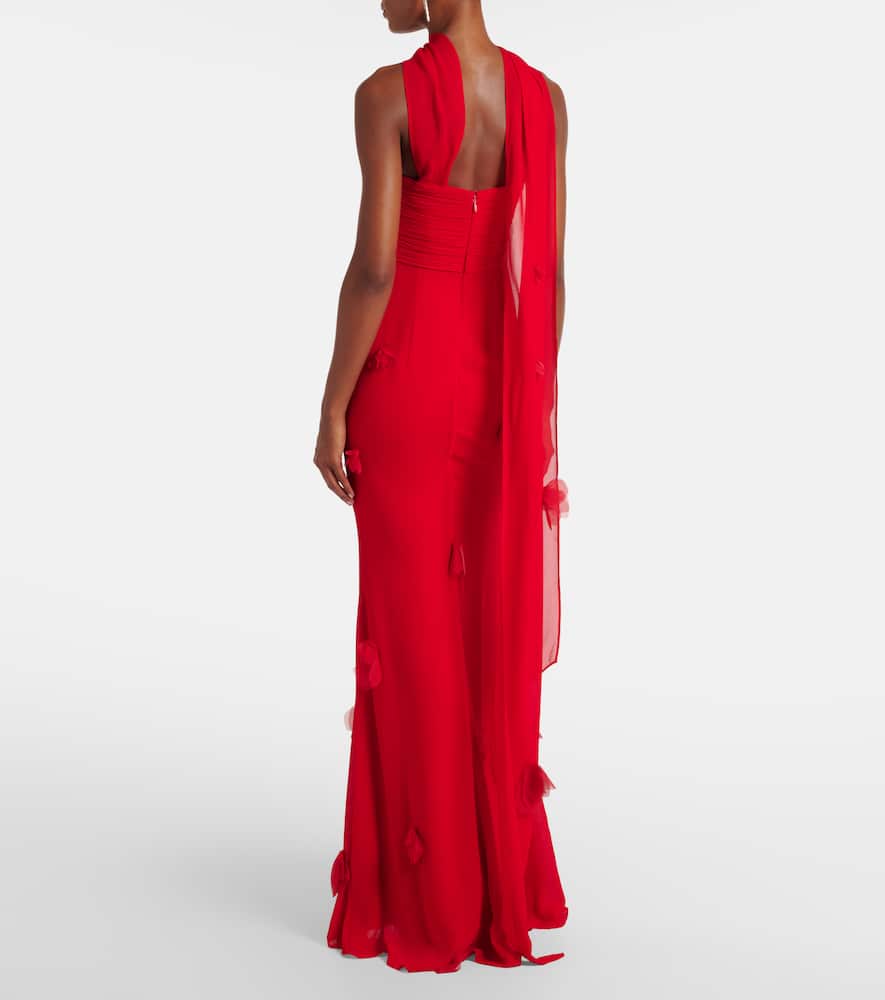 Self-portrait Floral-appliqué Scarf-detail Gown In Red