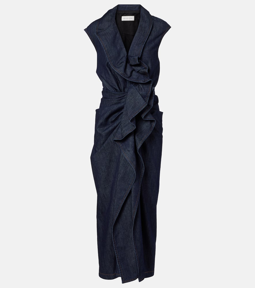 Dries Van Noten Ruffled Denim Midi Dress In Blue