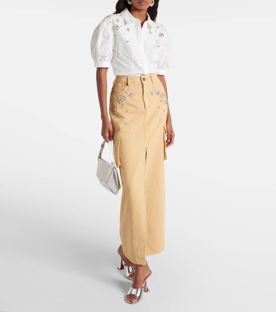 Shop Self-portrait Embellished Cargo Denim Maxi Skirt In Beige