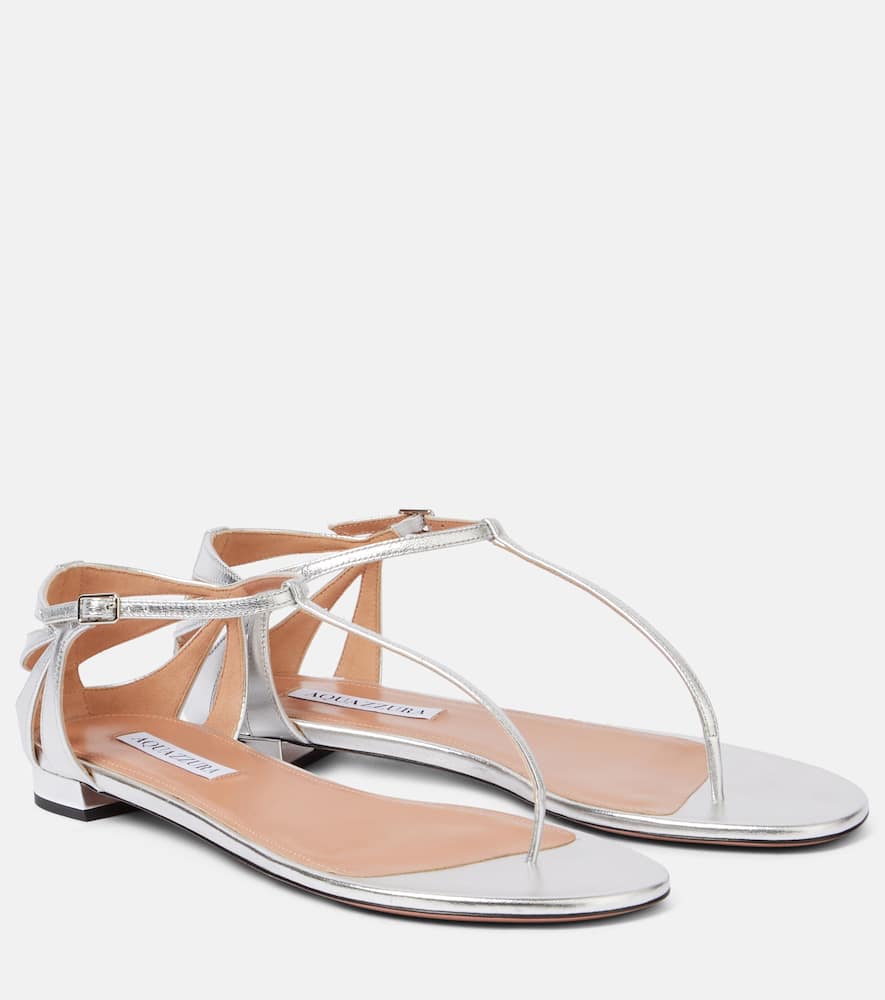 Aquazzura Frida Leather T-bar Flat Sandals In Silver
