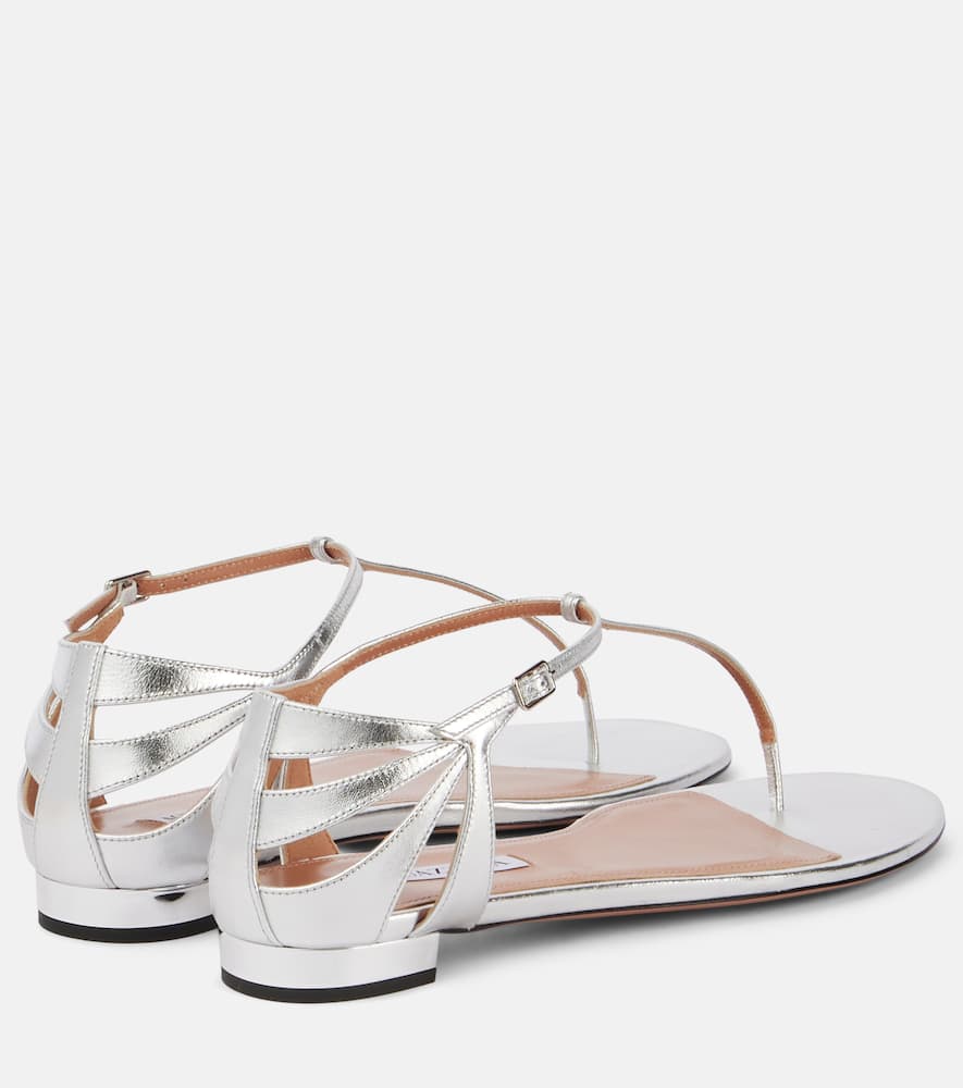 Aquazzura Frida Leather T-bar Flat Sandals In Silver