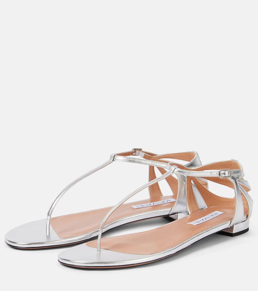 Aquazzura Frida Leather T-bar Flat Sandals In Silver