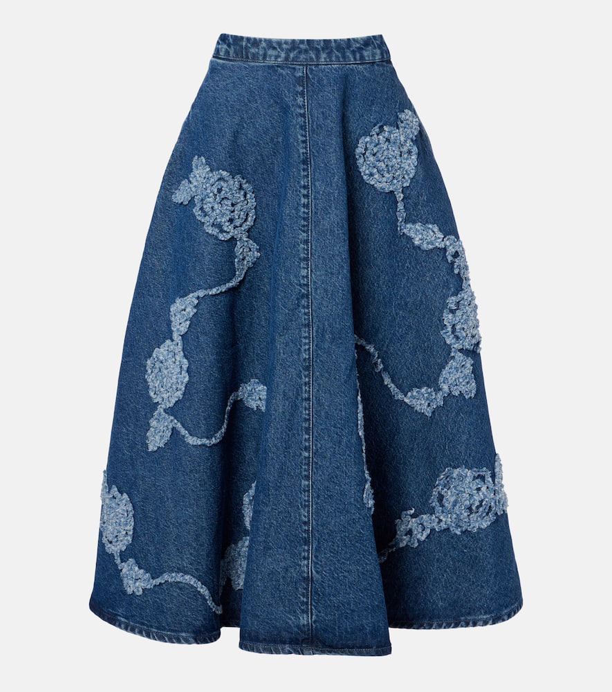 Rotate Birger Christensen Berty Embroidered Denim Midi Skirt In Blue
