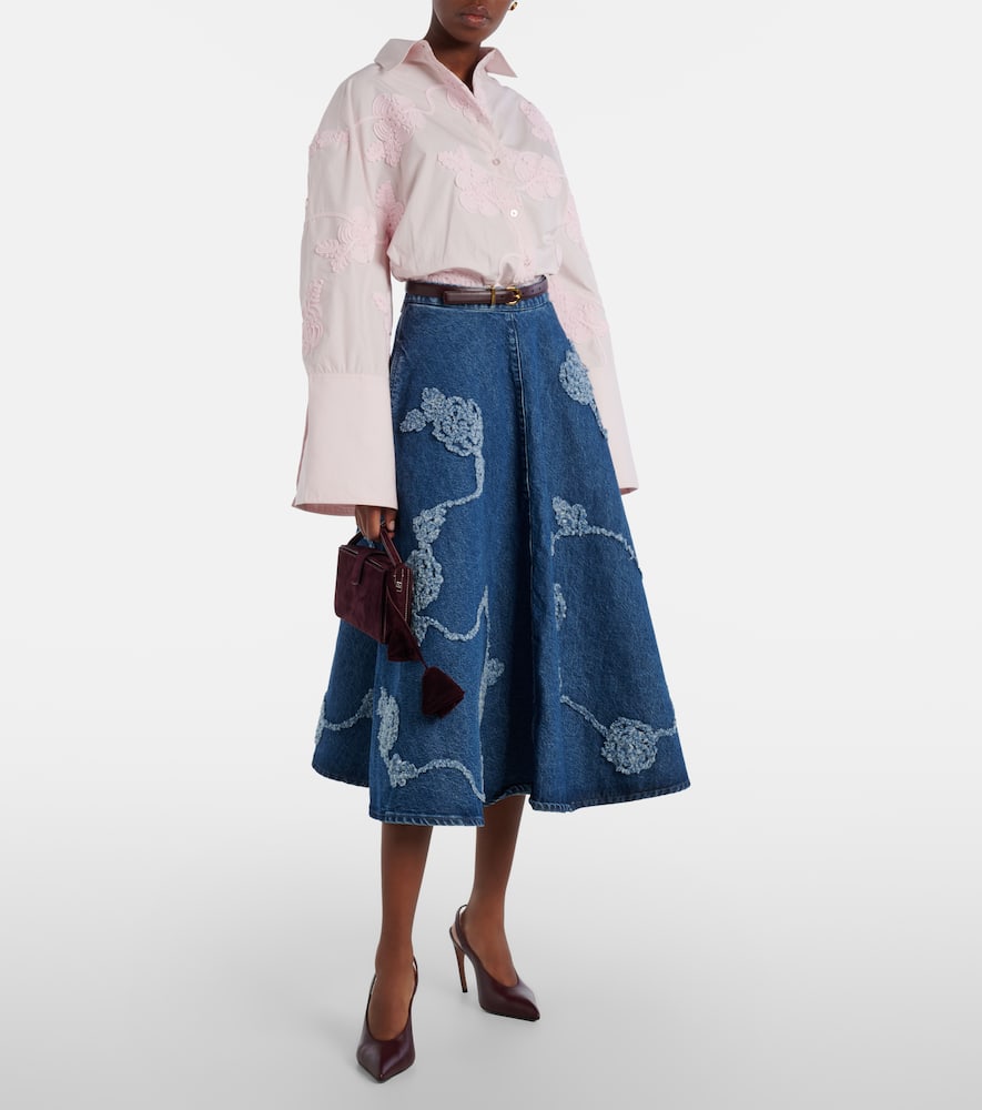 Rotate Birger Christensen Berty Embroidered Denim Midi Skirt In Blue