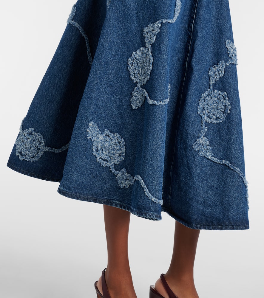 Rotate Birger Christensen Berty Embroidered Denim Midi Skirt In Blue