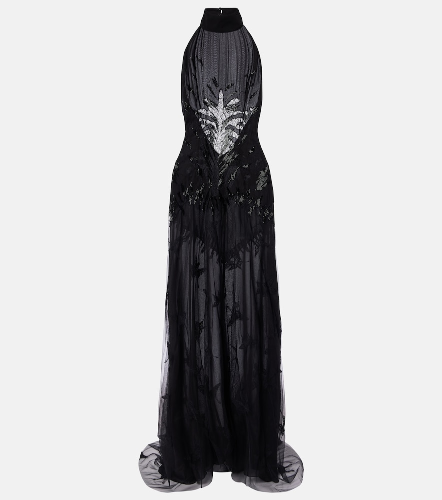 Blumarine Embellished Georgette And Lace Maxi Dress In Black