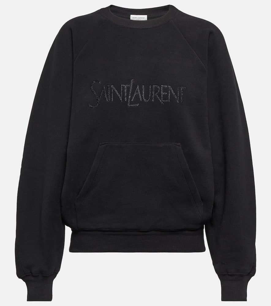 Shop Saint Laurent Logo Cotton Sweatshirt In Noir/noir Brillant