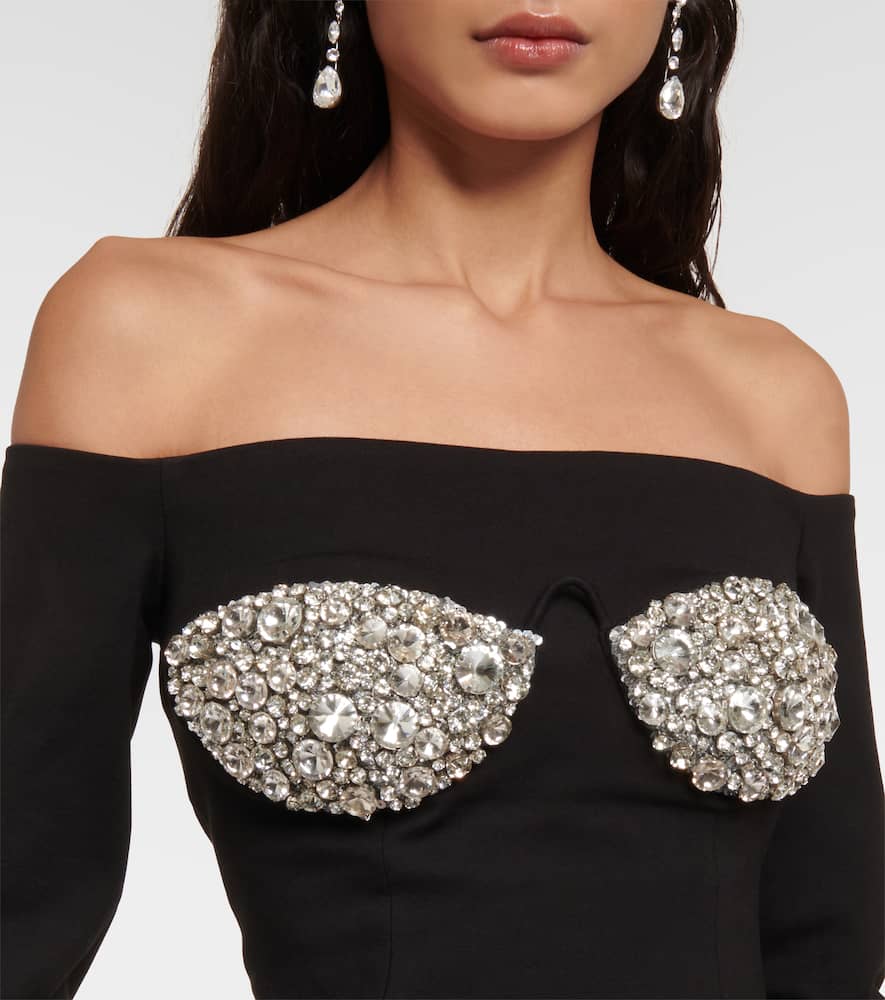 水晶缀饰露肩迷你连衣裙