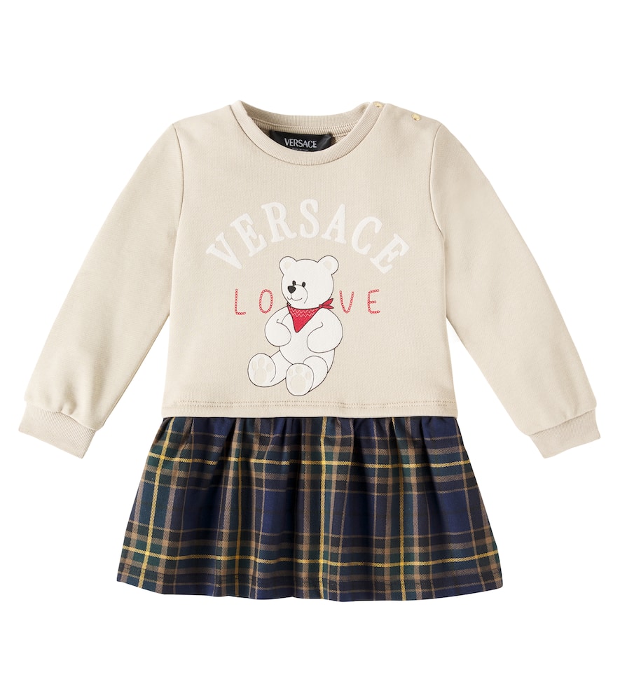 Versace Baby Logo Checked Cotton Sweater Dress In Beige