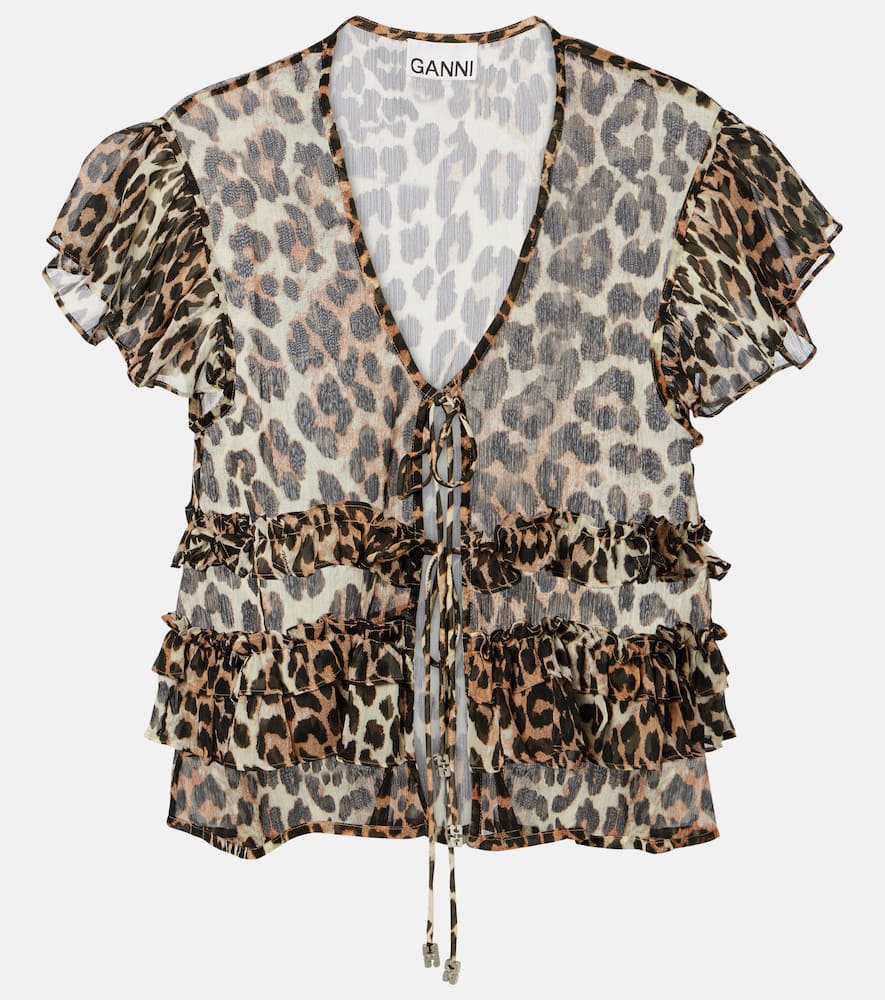 Ganni Leopard-print Ruffled Chiffon Blouse In Yellow