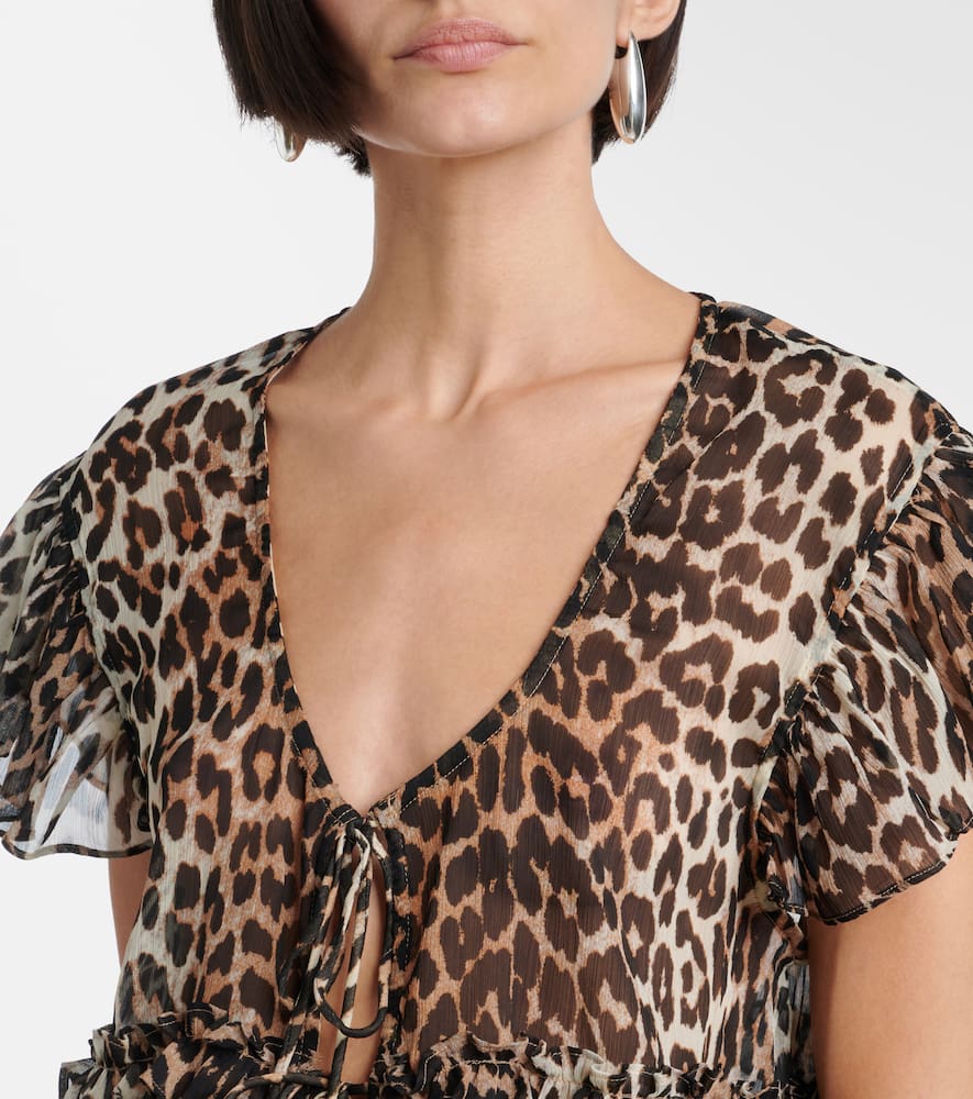 Ganni Leopard-print Ruffled Chiffon Blouse In Yellow