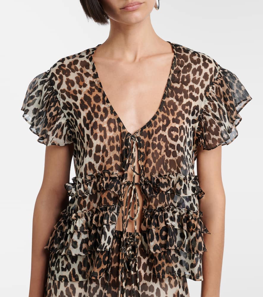 Ganni Leopard-print Ruffled Chiffon Blouse In Yellow