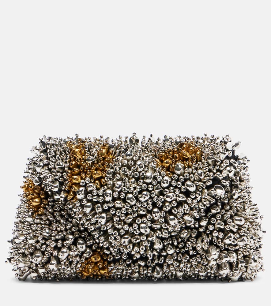 Dries Van Noten Silver Leather Small Embroidered Envelope Clutch In Silver