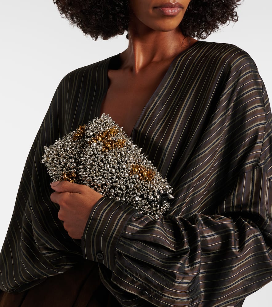 Dries Van Noten Silver Leather Small Embroidered Envelope Clutch In Silver