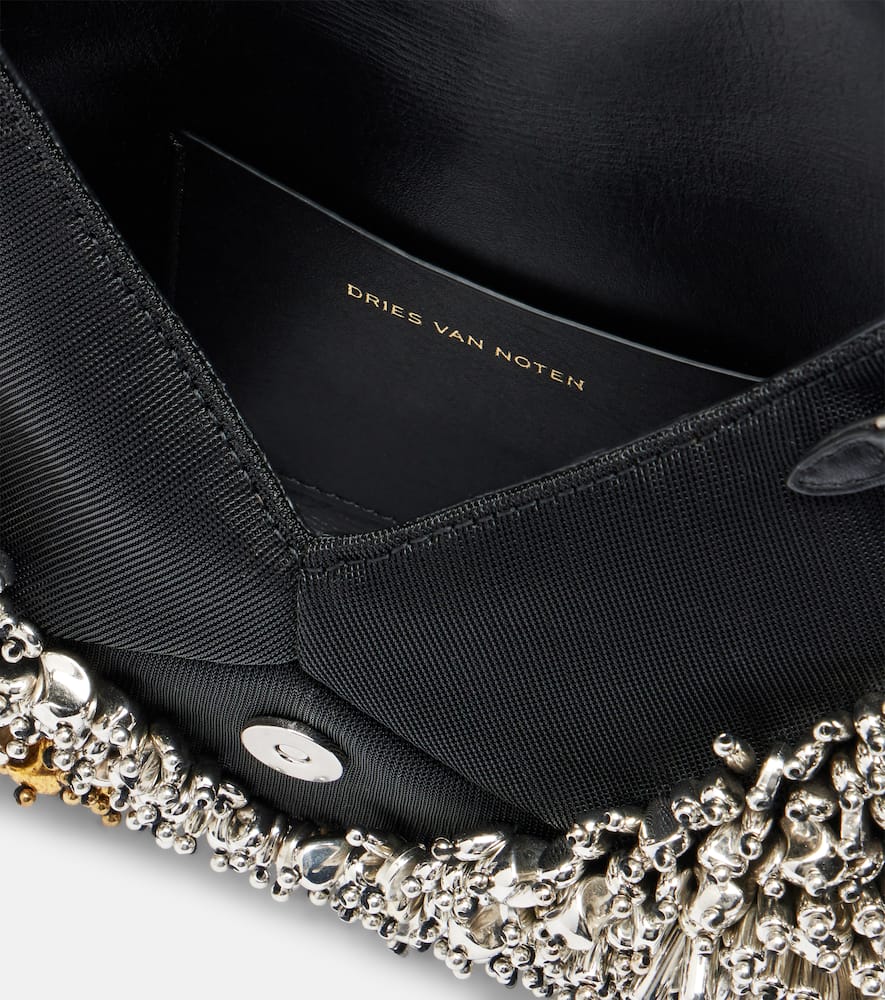Dries Van Noten Silver Leather Small Embroidered Envelope Clutch In Silver