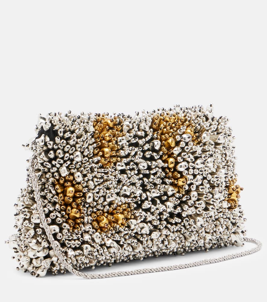 Dries Van Noten Silver Leather Small Embroidered Envelope Clutch In Silver