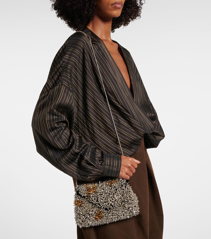 Dries Van Noten Silver Leather Small Embroidered Envelope Clutch In Silver
