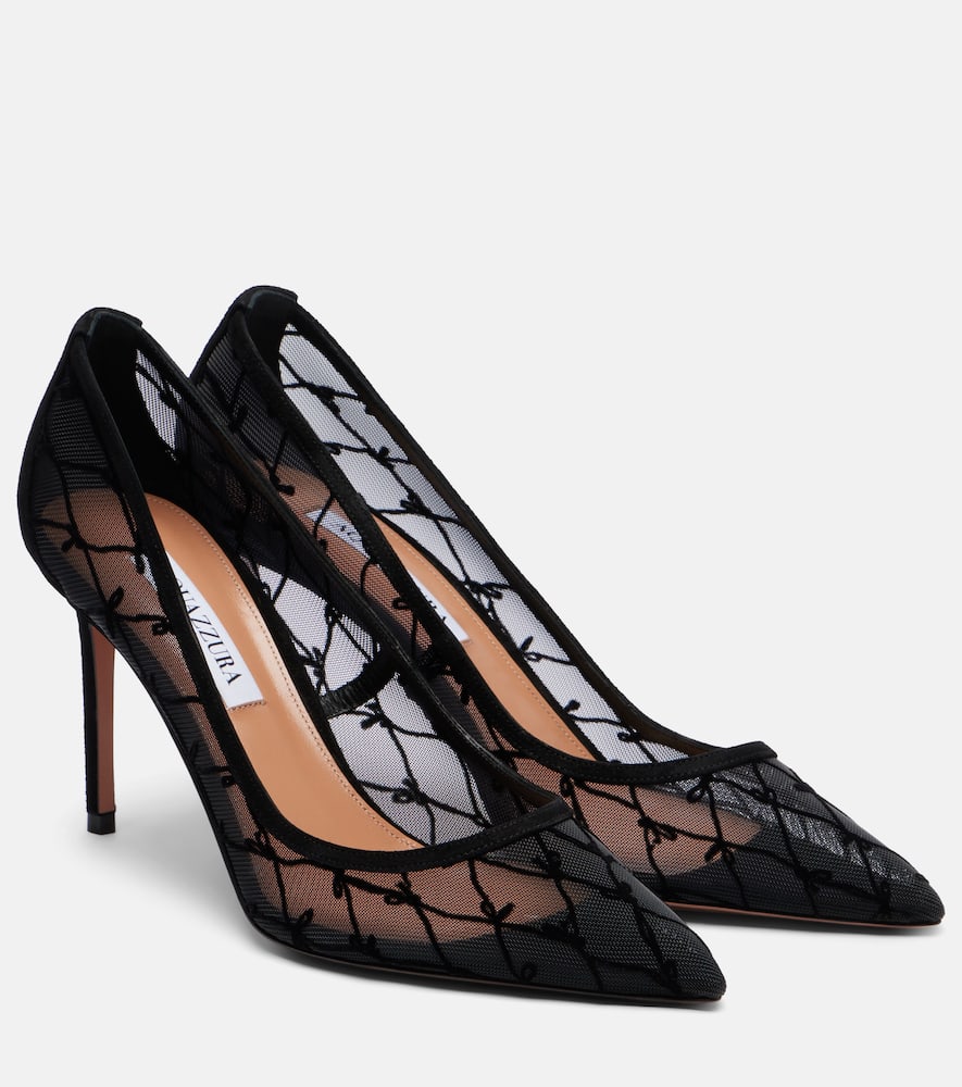 Aquazzura 85 Suede-trimmed Flocked Mesh Pumps In Black
