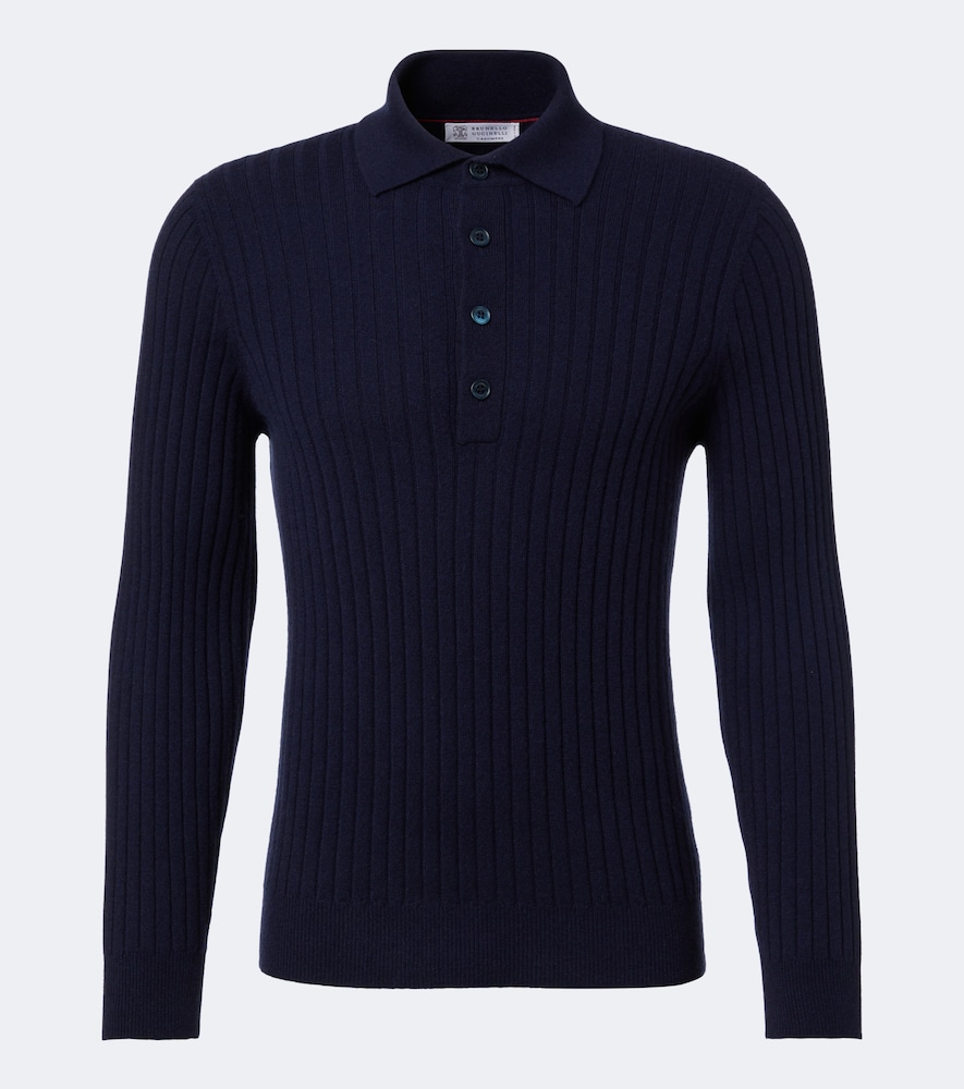 Ribbed-Knit Cashmere Polo Sweater