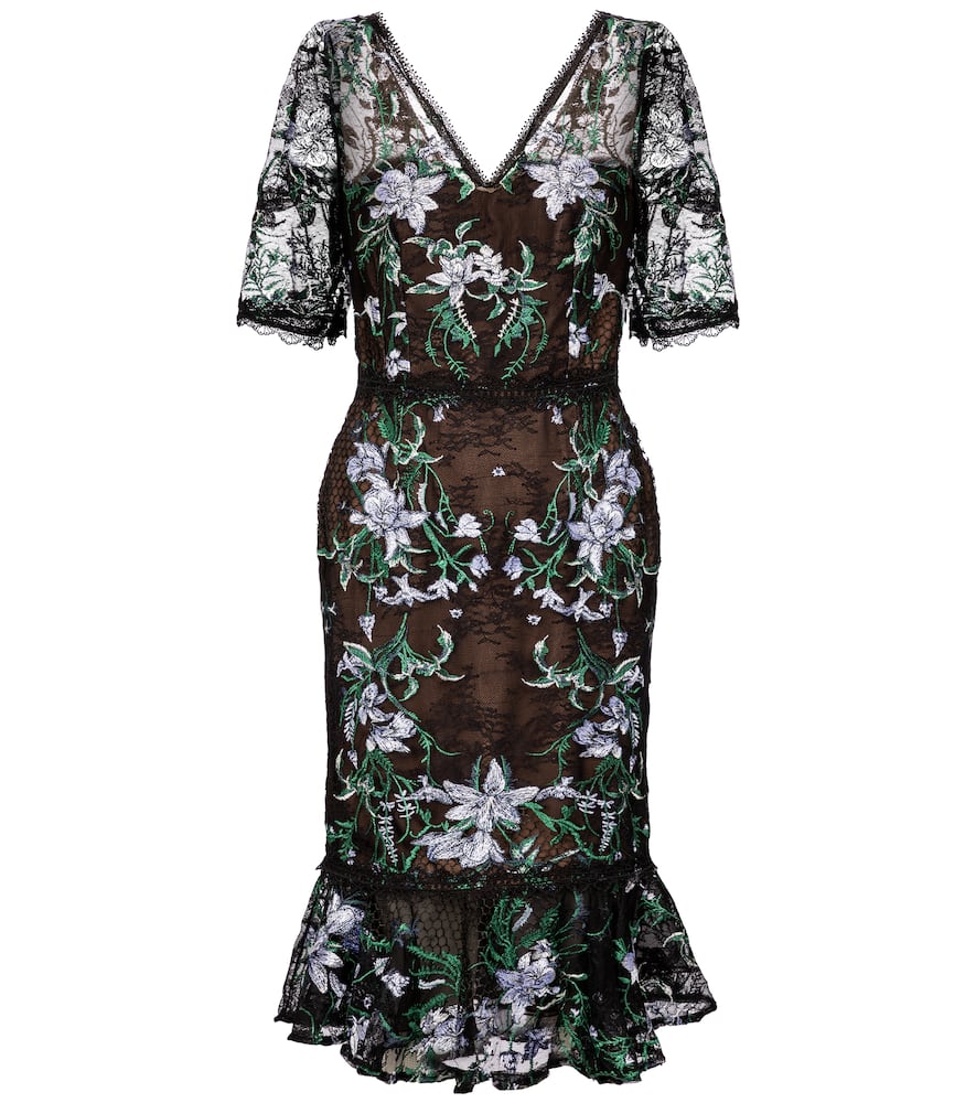Click to view more detailed imagery on our partner's website Marchesa Notte Floral Embroidered Midi Cocktail Dress In Black