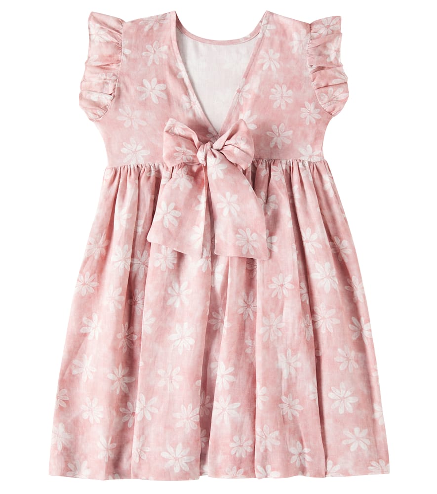 Shop Il Gufo Floral Ruffled Linen Dress In Watermelon Red