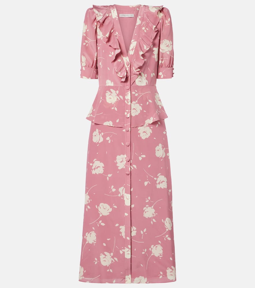 Alessandra Rich Floral Ruffled Silk Midi Dress In Pink