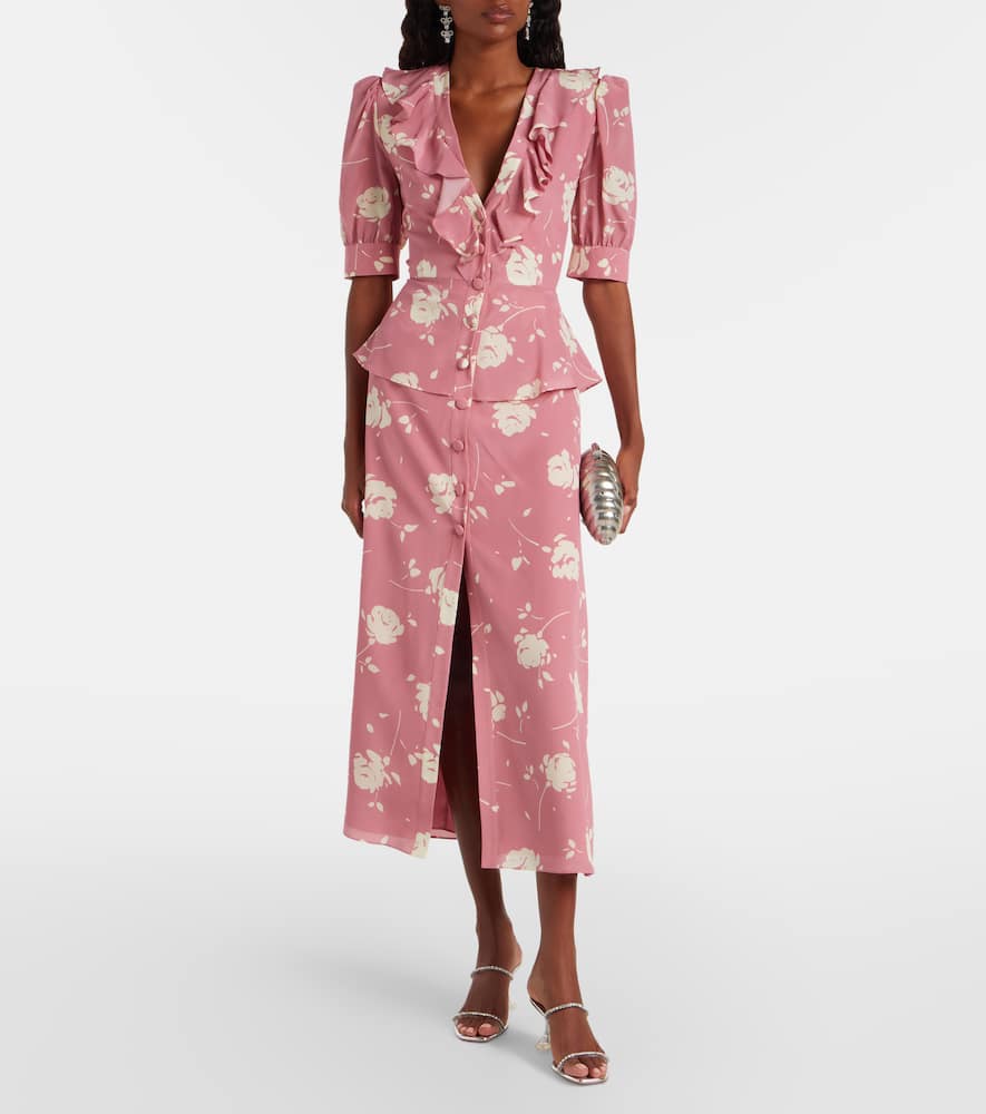 Alessandra Rich Floral Ruffled Silk Midi Dress In Pink