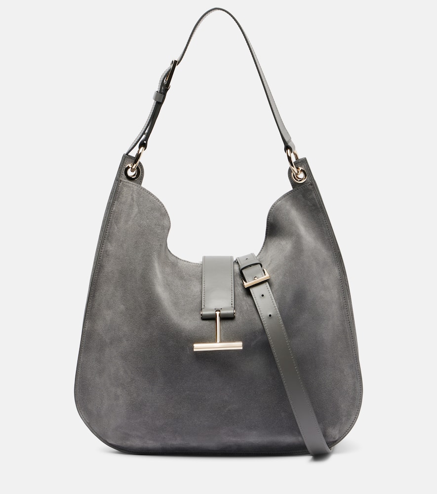 Tom Ford Tara Large Suede Crossbody Bag In Gray