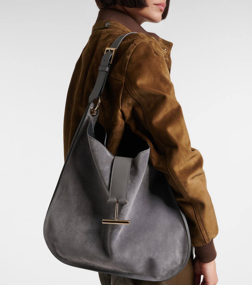 Tom Ford Tara Large Suede Crossbody Bag In Gray