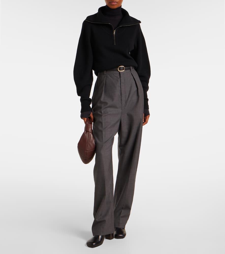 Lemaire High Collar Wool Sweater With Half-zip Closure In Black