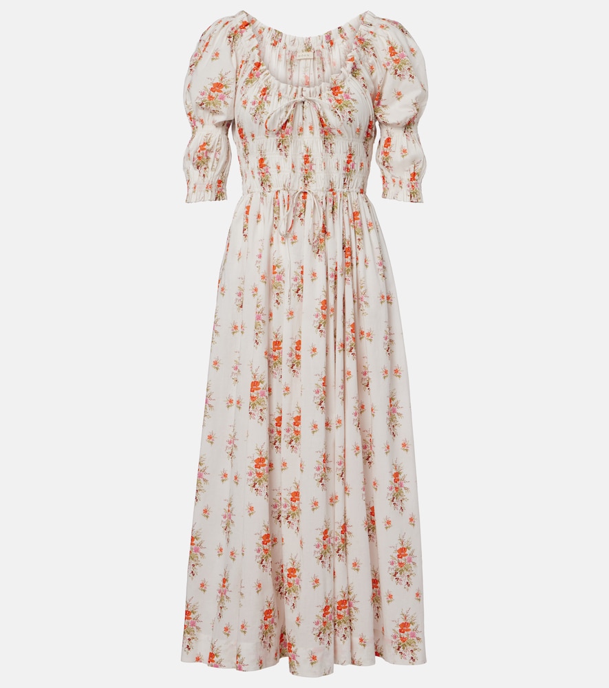 Doen Ischia Gathered Floral Cotton Midi Dress In Multi