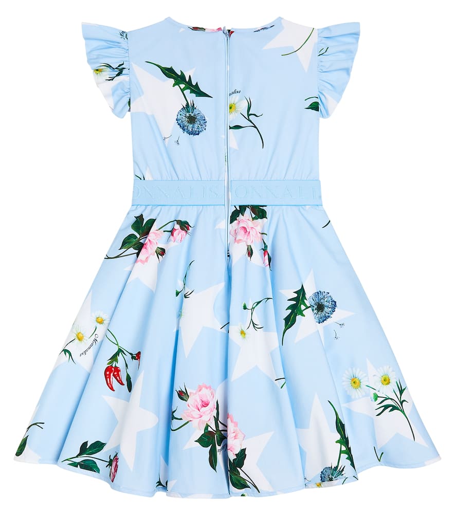 Monnalisa Blue Dress With Branded Band And Floreal Print In Cotton Girl In Multicoloured