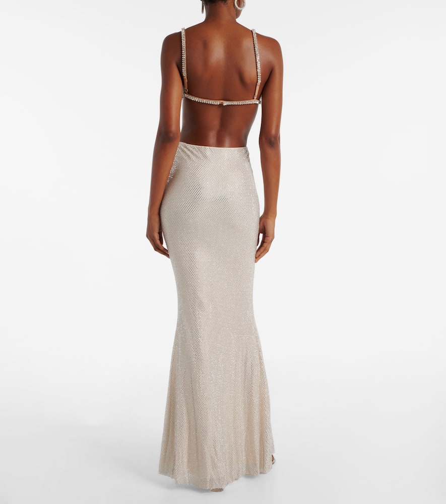 Self-portrait Crystal Chainmail Bralette With Sheer Triangle Cups In Silver