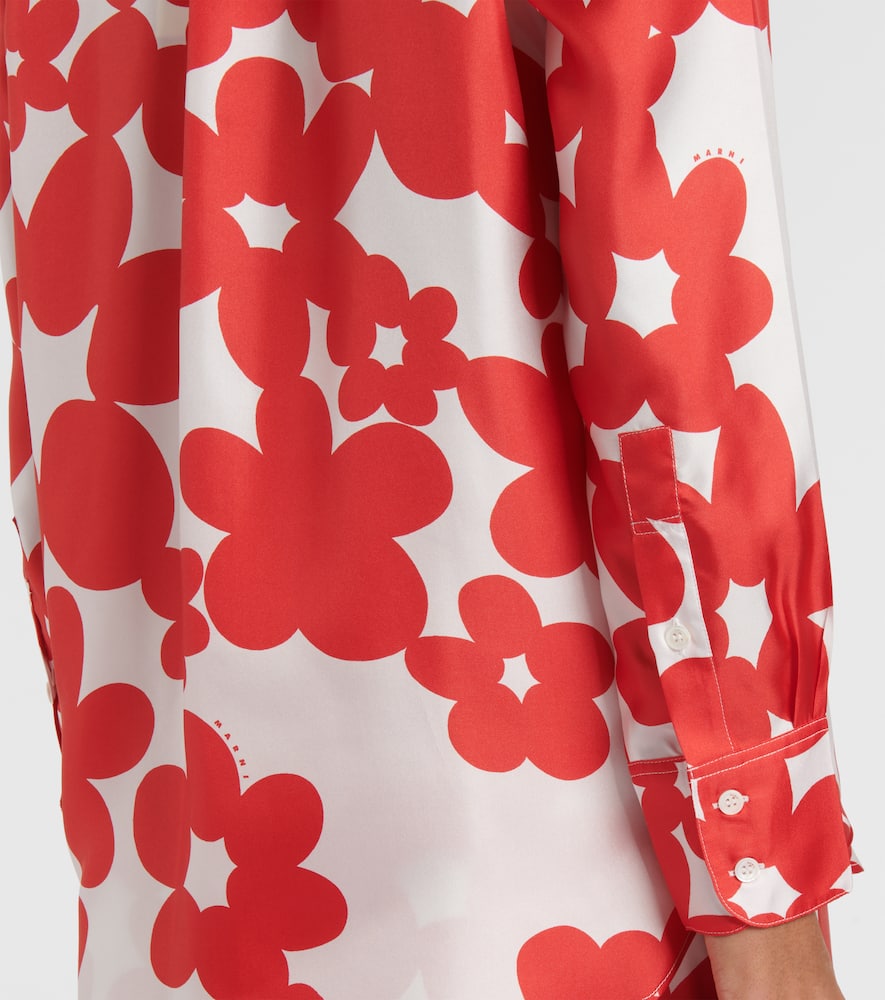 Marni Flower Print Classic Button Down Silk Top In Crimson