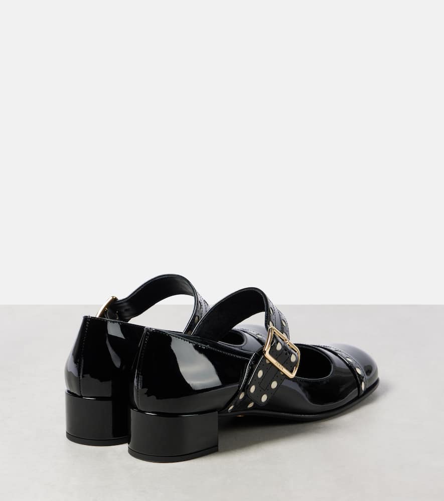 Prada Block Heel Round Toe Patent Finish Studded Detail In Black