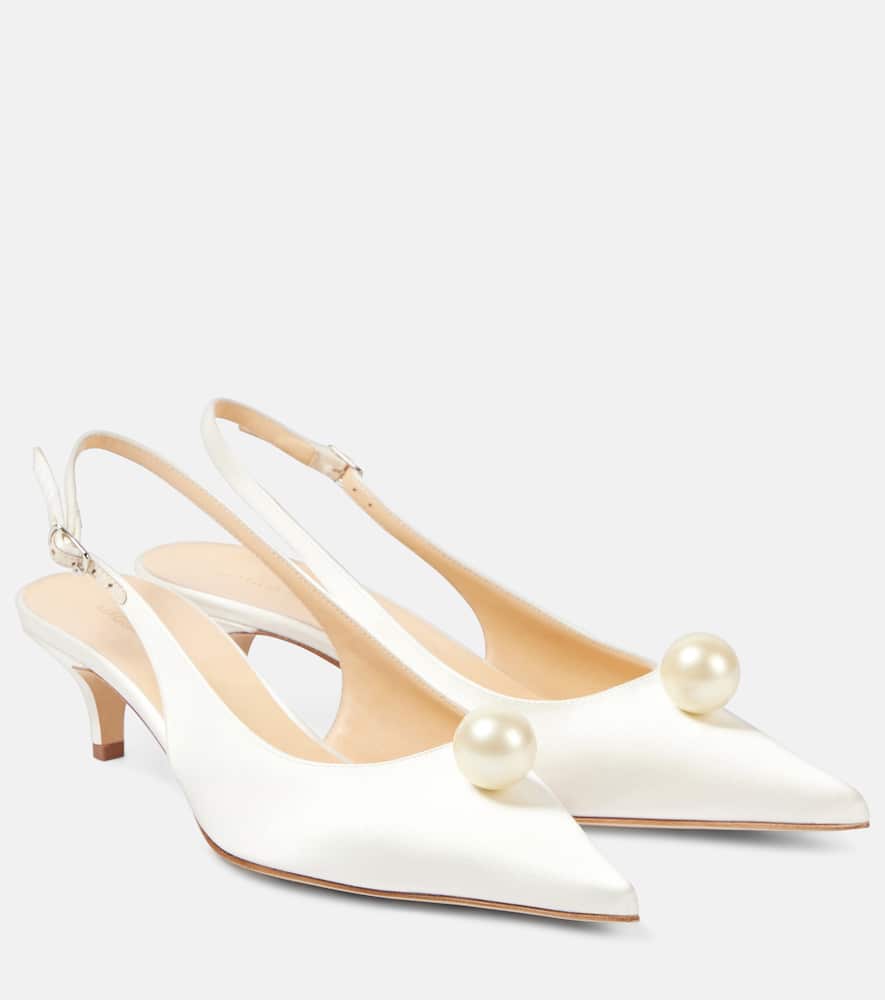 Magda Butrym Pearl-embellished Satin Slingback Kitten Heels In Cream