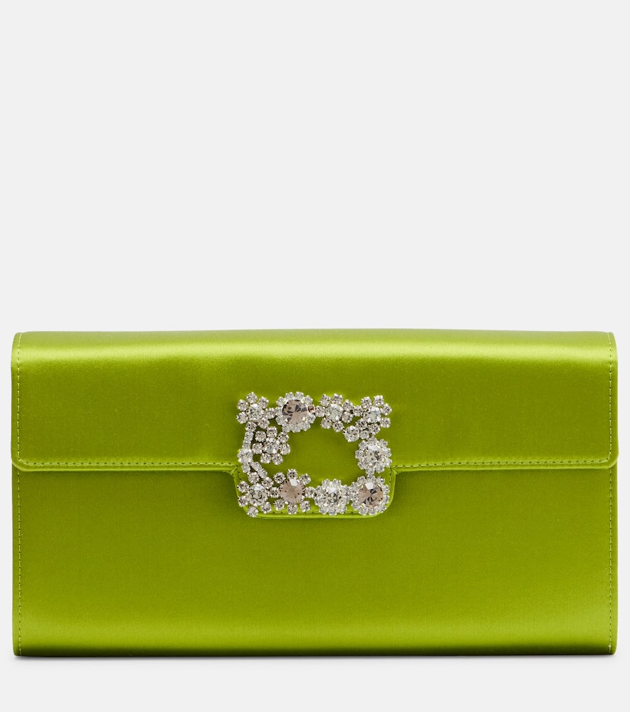 Roger Vivier Efflorescence Buckled Crystal-embellished Satin Clutch In Green