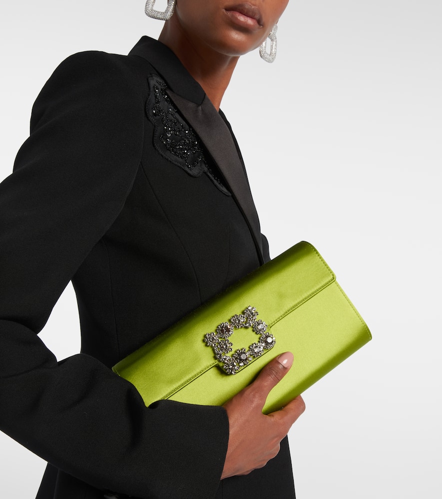 Roger Vivier Efflorescence Buckled Crystal-embellished Satin Clutch In Green