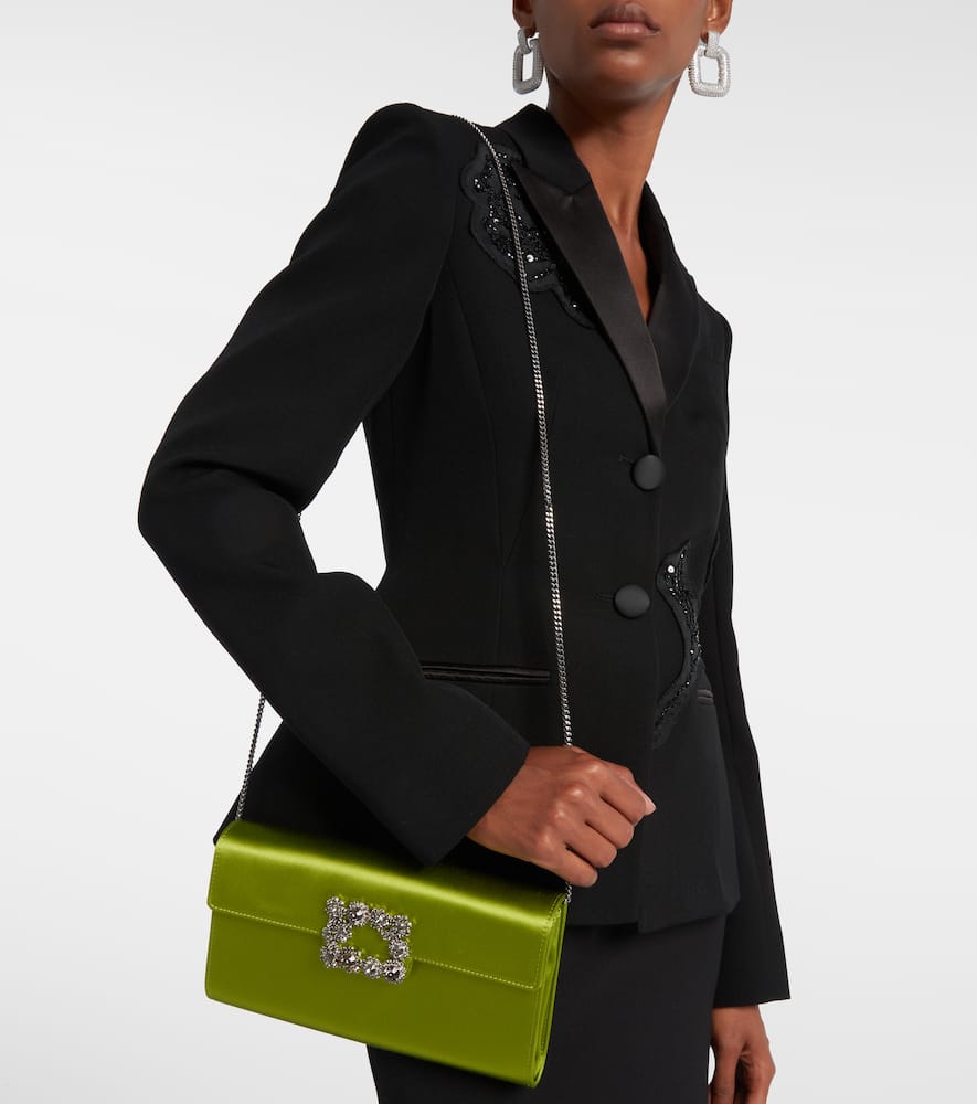 Roger Vivier Efflorescence Buckled Crystal-embellished Satin Clutch In Green