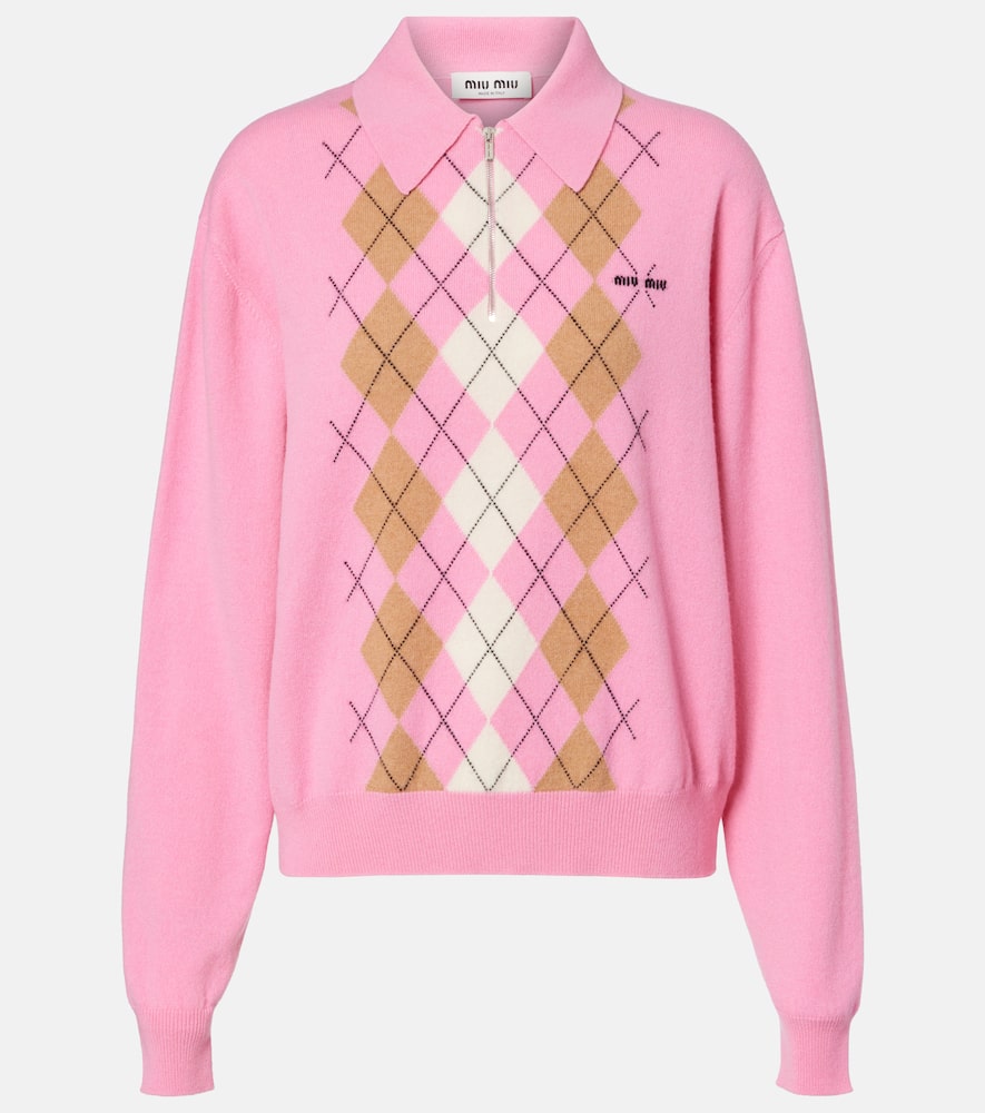 Miu Miu Cashmere Argyle Long-sleeve Polo Sweater In Pink