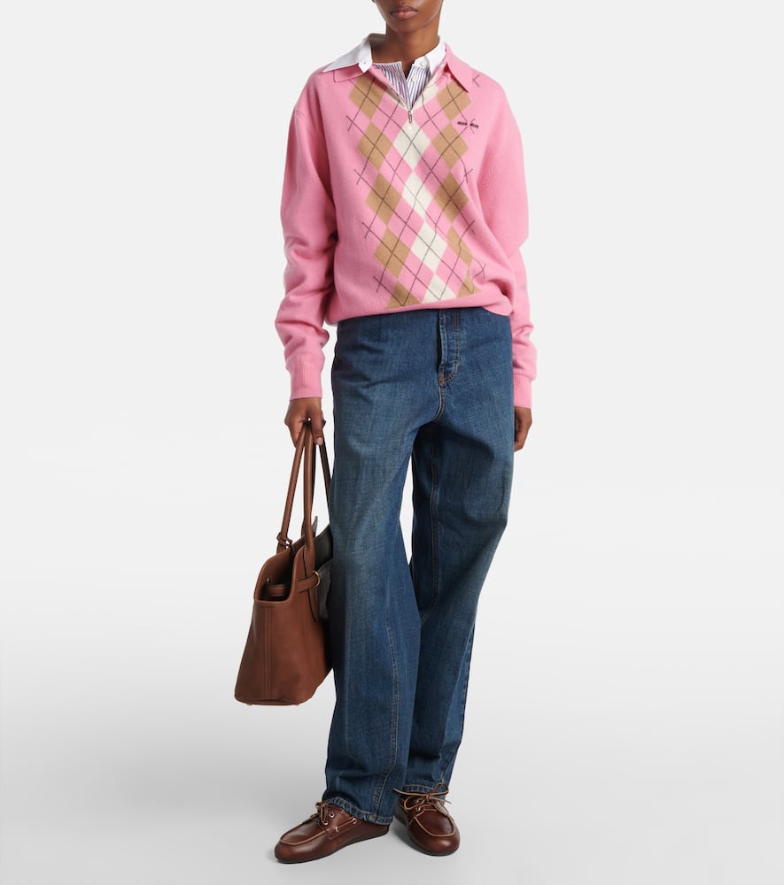 Miu Miu Cashmere Argyle Long-sleeve Polo Sweater In Pink