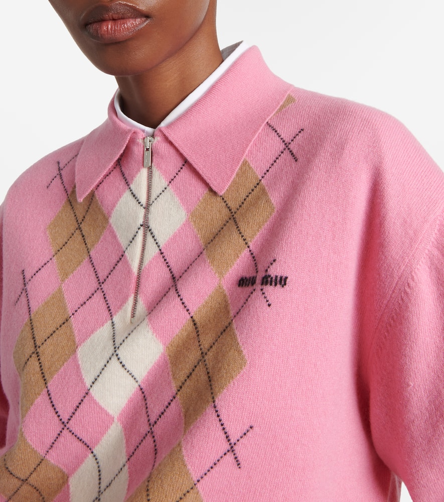 Miu Miu Cashmere Argyle Long-sleeve Polo Sweater In Pink