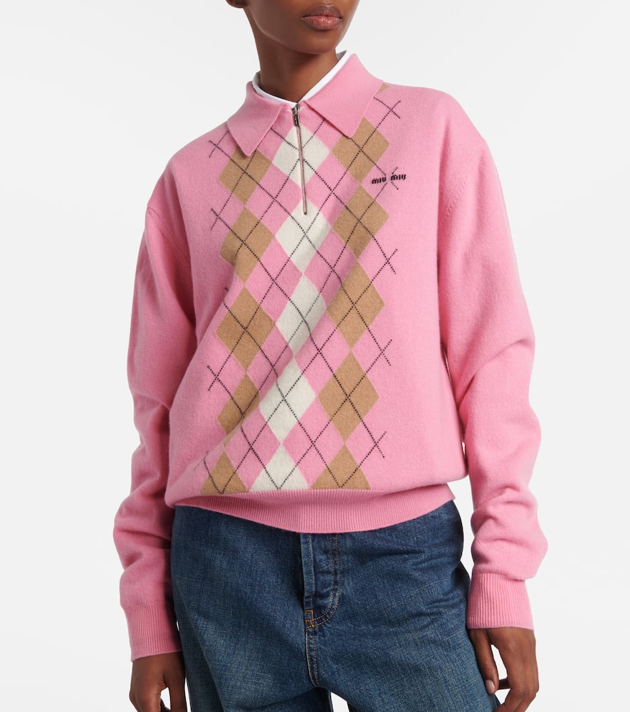 Miu Miu Cashmere Argyle Long-sleeve Polo Sweater In Pink
