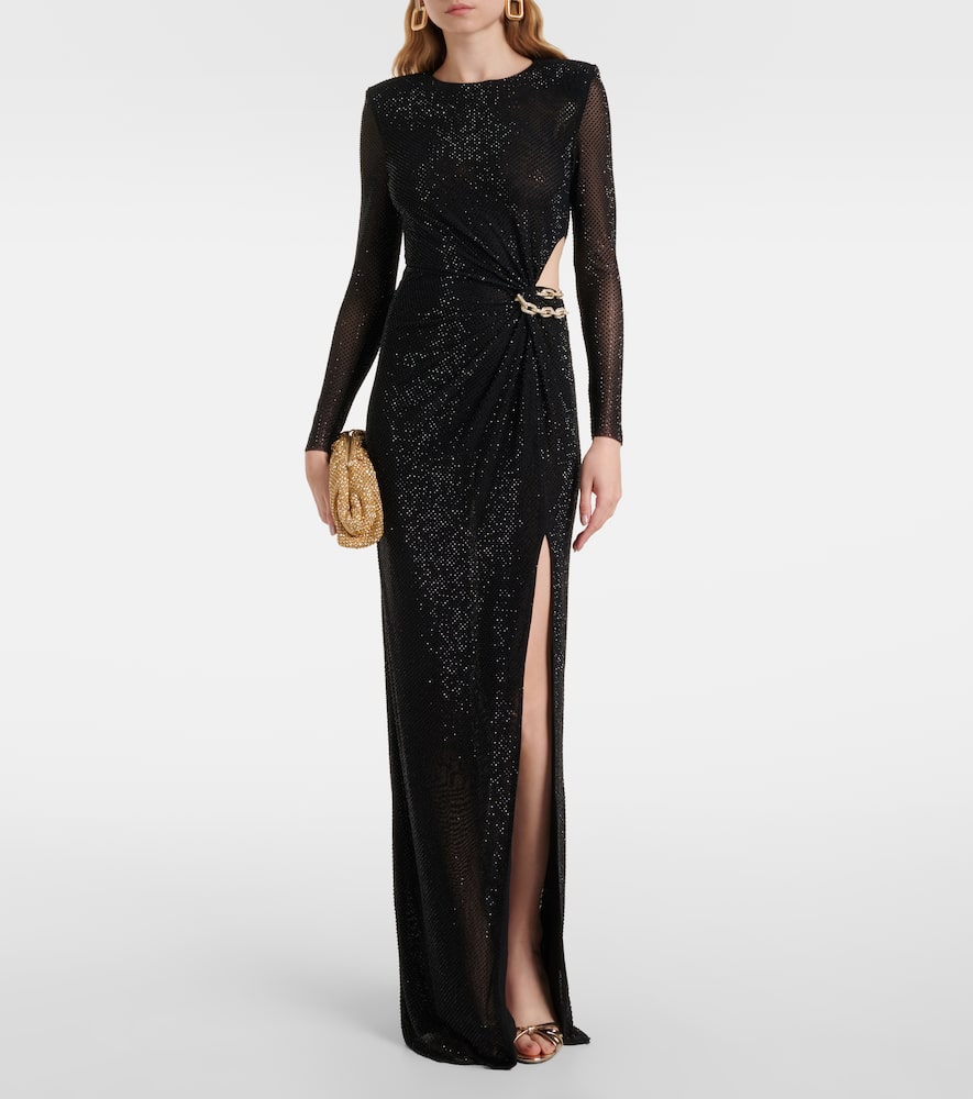 Self-portrait Rhinestone-embellished Mesh Maxi Dress In Black