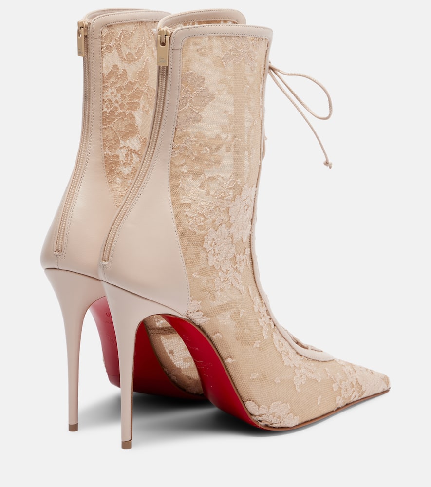 Christian Louboutin Km 100 Lace-trimmed Leather Ankle Boots In Brown